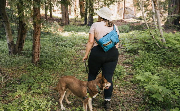 Person hiking in the woods with their dog, LGD worn sling-style on the back.